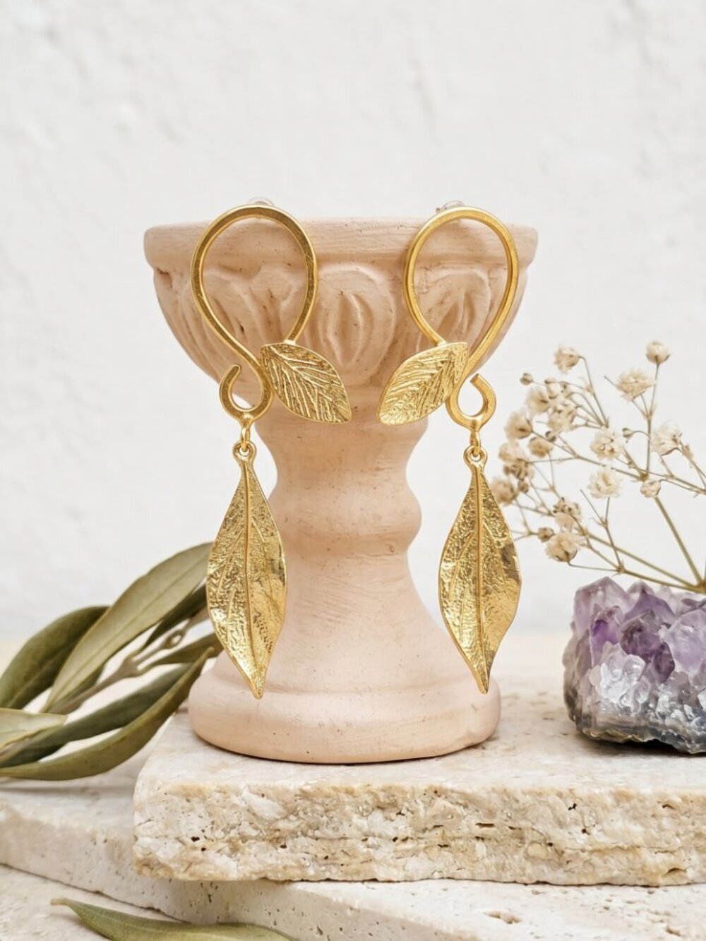 Turkish Gold Leaf Drop Earrings 18K Plated Brass Boho Statement Dangle Handmade - Picture 10 of 17